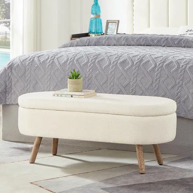 Alt view image 3 of 6 - Boucle Upholstered Storage Bench with Wood Legs, 42.25" Oval Shaped End of Bed Bench with Safety Hinge, 350lb Weight Capacity, Luxury Ottoman Foot Stool for Living Room, Bedroom Entryway, Ivory