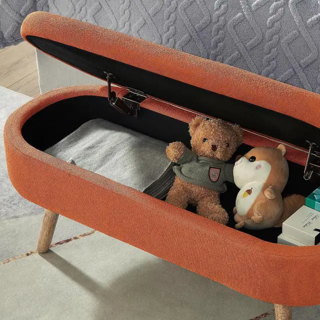 Alt view image 5 of 6 - Boucle Upholstered Storage Bench with Wood Legs, 42.25" Oval Shaped End of Bed Bench with Safety Hinge, 350lb Weight Capacity, Luxury Ottoman Foot Stool for Living Room, Bedroom Entryway, Orange