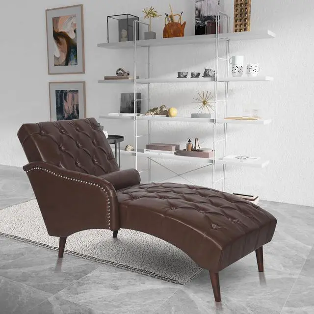 Main image of Chaise Sofa Chair Indoor with Pillow and Solid Wood Legs, Soft PU Upholstered Armchair with Tufted Back, Leisure Couch Accent Reading Chair for Living Room, Bedroom, Dark Brown