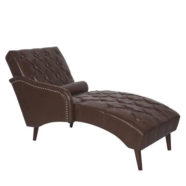 Alt view image 3 of 7 - Chaise Sofa Chair Indoor with Pillow and Solid Wood Legs, Soft PU Upholstered Armchair with Tufted Back, Leisure Couch Accent Reading Chair for Living Room, Bedroom, Dark Brown