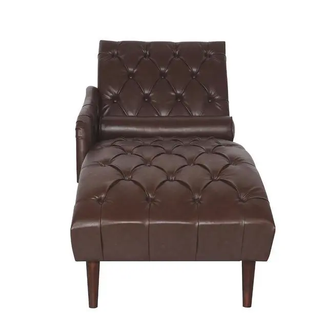 Alt view image 4 of 7 - Chaise Sofa Chair Indoor with Pillow and Solid Wood Legs, Soft PU Upholstered Armchair with Tufted Back, Leisure Couch Accent Reading Chair for Living Room, Bedroom, Dark Brown