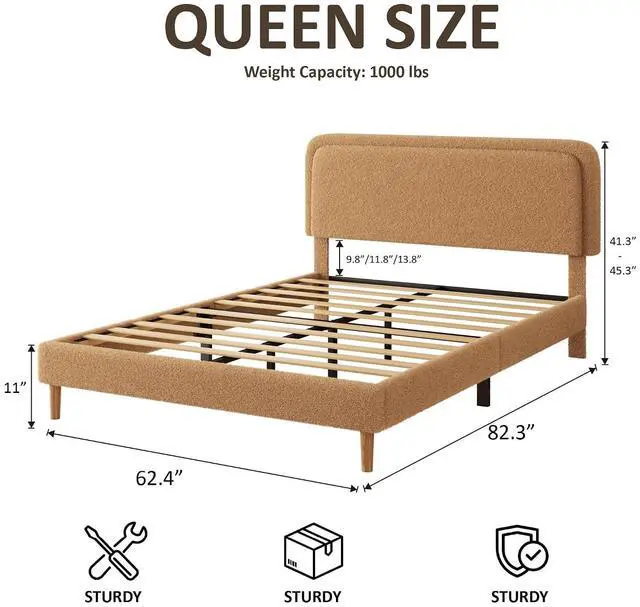 Alt view image 2 of 7 - Queen Size Platform Bed Frame with Height Adjustable Headboard, Boucle Upholstered Bed Frame with Solid Wooden Legs, Double Bedframe with Underbed Space, No Box Spring Needed, Easy to Assemble, Brown