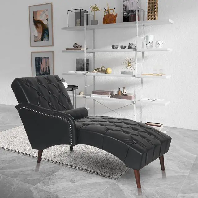 Main image of Chaise Sofa Chair Indoor with Pillow and Solid Wood Legs, Soft PU Upholstered Armchair with Tufted Back, Leisure Couch Accent Reading Chair for Living Room, Bedroom, Black