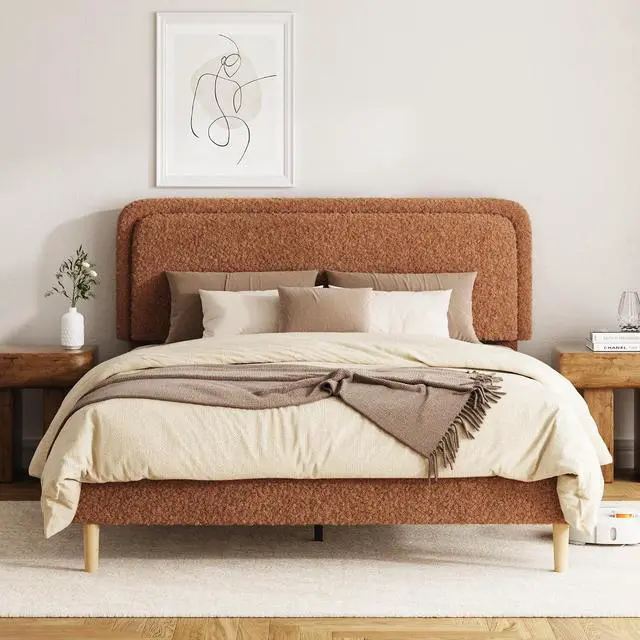 Alt view image 3 of 7 - Queen Size Platform Bed Frame with Height Adjustable Headboard, Boucle Upholstered Bed Frame with Solid Wooden Legs, Double Bedframe with Underbed Space, No Box Spring Needed, Easy to Assemble, Brown