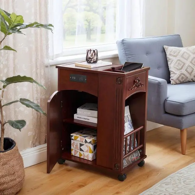 Main image of Narrow Side Table with USB Ports and Outlets, Sofa End Table with Charging Station, Nightstand with Storage, Bedside Tables with Wheels for Living Room, Bedroom,Red Walnut