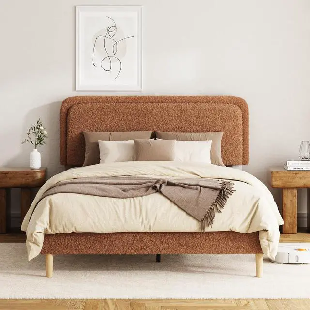 Main image of Full Size Platform Bed Frame with Height Adjustable Headboard, Boucle Upholstered Bed Frame with Solid Wooden Legs, Double Bedframe with Underbed Space, No Box Spring Needed, Easy to Assemble, Brown