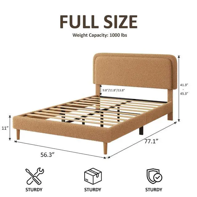 Alt view image 2 of 7 - Full Size Platform Bed Frame with Height Adjustable Headboard, Boucle Upholstered Bed Frame with Solid Wooden Legs, Double Bedframe with Underbed Space, No Box Spring Needed, Easy to Assemble, Brown