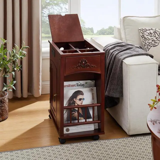 Alt view image 3 of 7 - Narrow Side Table with USB Ports and Outlets, Sofa End Table with Charging Station, Nightstand with Storage, Bedside Tables with Wheels for Living Room, Bedroom,Red Walnut