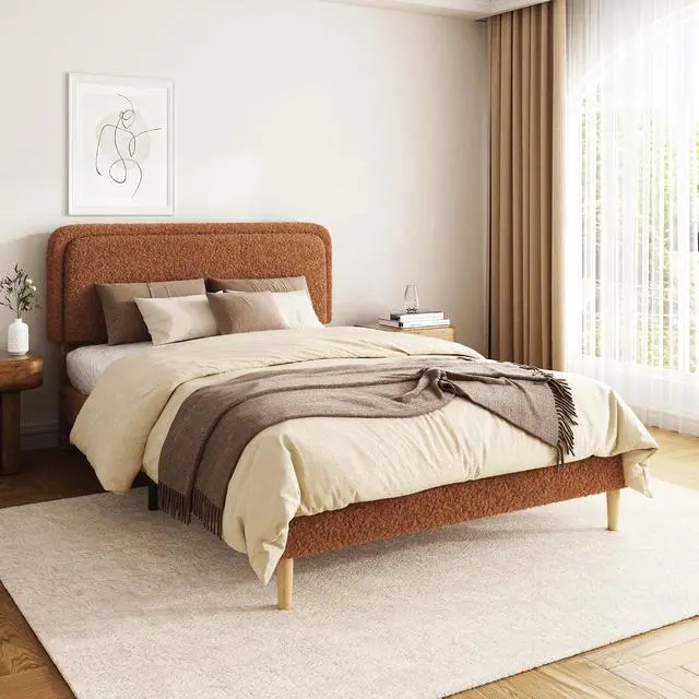 Alt view image 3 of 7 - Full Size Platform Bed Frame with Height Adjustable Headboard, Boucle Upholstered Bed Frame with Solid Wooden Legs, Double Bedframe with Underbed Space, No Box Spring Needed, Easy to Assemble, Brown