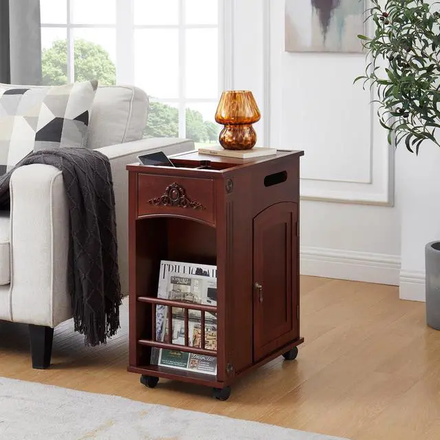 Alt view image 6 of 7 - Narrow Side Table with USB Ports and Outlets, Sofa End Table with Charging Station, Nightstand with Storage, Bedside Tables with Wheels for Living Room, Bedroom,Red Walnut