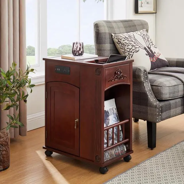 Alt view image 4 of 7 - Narrow Side Table with USB Ports and Outlets, Sofa End Table with Charging Station, Nightstand with Storage, Bedside Tables with Wheels for Living Room, Bedroom,Red Walnut