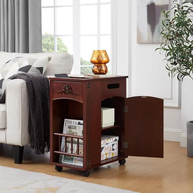 Alt view image 5 of 7 - Narrow Side Table with USB Ports and Outlets, Sofa End Table with Charging Station, Nightstand with Storage, Bedside Tables with Wheels for Living Room, Bedroom,Red Walnut