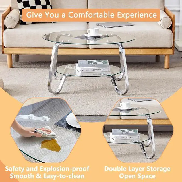 Alt view image 6 of 7 - Small Round Tempered Glass Coffee Table, Retro Minimalist Side Tea Table with Metal Base Frame, Elegant Top Clear Glass for Living Room Home Office Decor, Easy Assembly, Silver