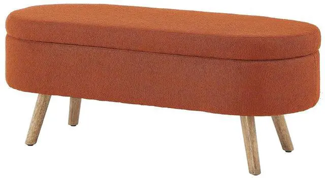 Alt view image 6 of 6 - Boucle Upholstered Storage Bench with Wood Legs, 42.25" Oval Shaped End of Bed Bench with Safety Hinge, 350lb Weight Capacity, Luxury Ottoman Foot Stool for Living Room, Bedroom Entryway, Orange