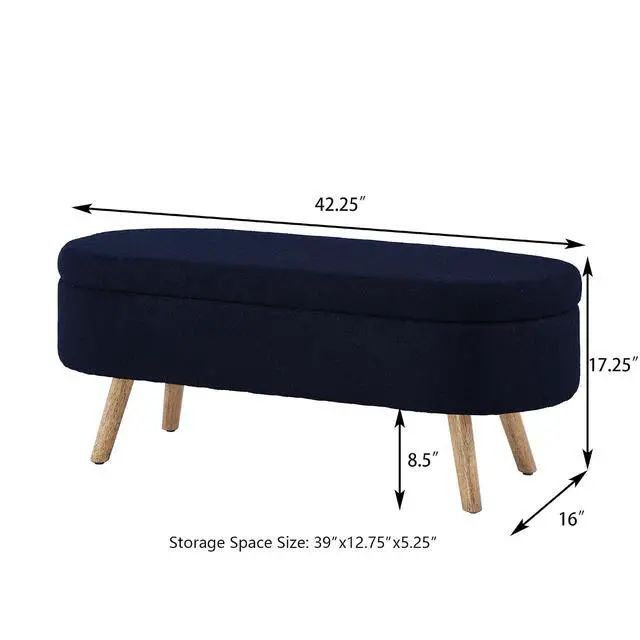 Alt view image 2 of 6 - Boucle Upholstered Storage Bench with Wood Legs, 42.25" Oval Shaped End of Bed Bench with Safety Hinge, 350lb Weight Capacity, Luxury Ottoman Foot Stool for Living Room, Bedroom Entryway, Navy Blue