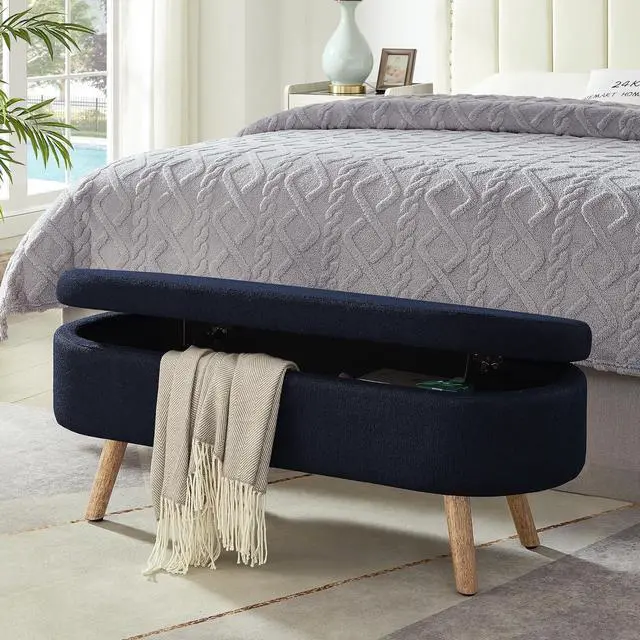 Main image of Boucle Upholstered Storage Bench with Wood Legs, 42.25" Oval Shaped End of Bed Bench with Safety Hinge, 350lb Weight Capacity, Luxury Ottoman Foot Stool for Living Room, Bedroom Entryway, Navy Blue