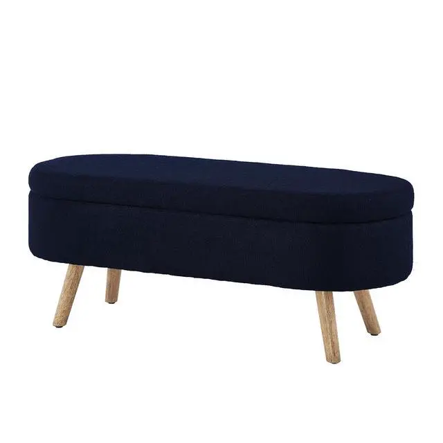 Alt view image 6 of 6 - Boucle Upholstered Storage Bench with Wood Legs, 42.25" Oval Shaped End of Bed Bench with Safety Hinge, 350lb Weight Capacity, Luxury Ottoman Foot Stool for Living Room, Bedroom Entryway, Navy Blue