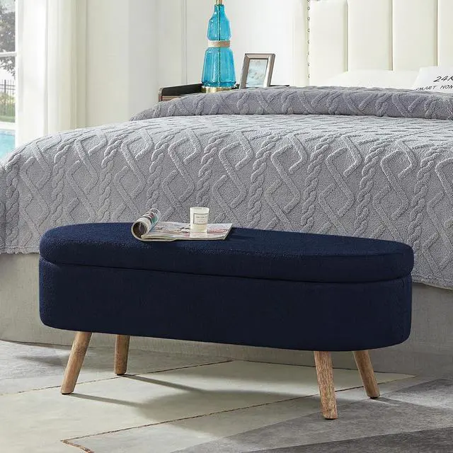 Alt view image 3 of 6 - Boucle Upholstered Storage Bench with Wood Legs, 42.25" Oval Shaped End of Bed Bench with Safety Hinge, 350lb Weight Capacity, Luxury Ottoman Foot Stool for Living Room, Bedroom Entryway, Navy Blue