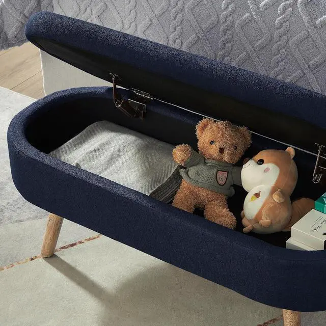 Alt view image 5 of 6 - Boucle Upholstered Storage Bench with Wood Legs, 42.25" Oval Shaped End of Bed Bench with Safety Hinge, 350lb Weight Capacity, Luxury Ottoman Foot Stool for Living Room, Bedroom Entryway, Navy Blue