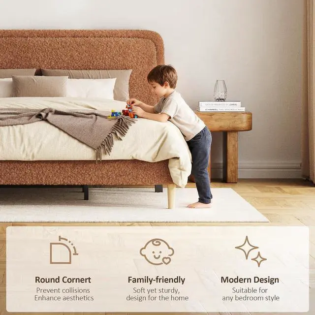 Alt view image 4 of 7 - King Size Platform Bed Frame with Height Adjustable Headboard, Boucle Upholstered Bed Frame with Solid Wooden Legs, Double Bedframe with Underbed Space, No Box Spring Needed, Easy to Assemble, Brown