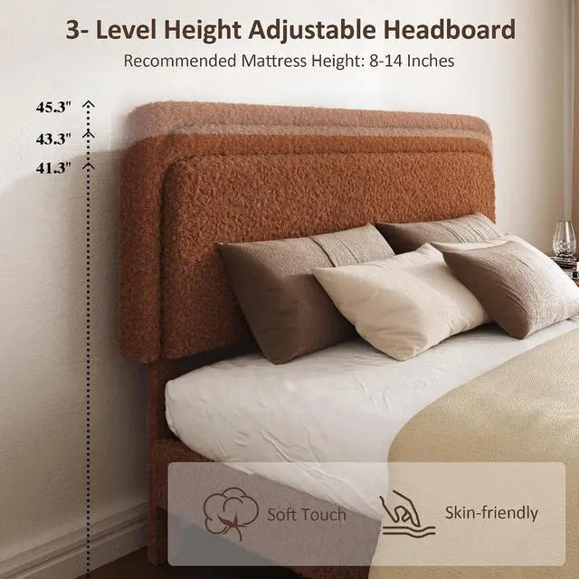 Alt view image 5 of 7 - King Size Platform Bed Frame with Height Adjustable Headboard, Boucle Upholstered Bed Frame with Solid Wooden Legs, Double Bedframe with Underbed Space, No Box Spring Needed, Easy to Assemble, Brown