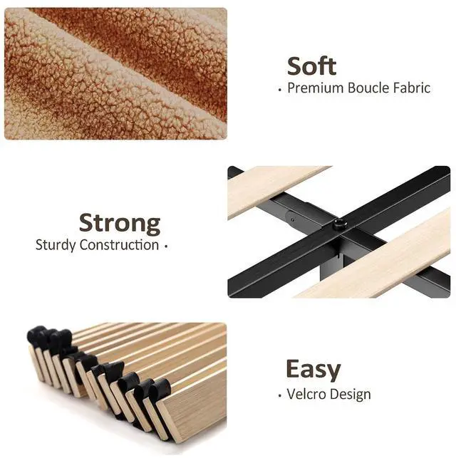 Alt view image 6 of 7 - King Size Platform Bed Frame with Height Adjustable Headboard, Boucle Upholstered Bed Frame with Solid Wooden Legs, Double Bedframe with Underbed Space, No Box Spring Needed, Easy to Assemble, Brown