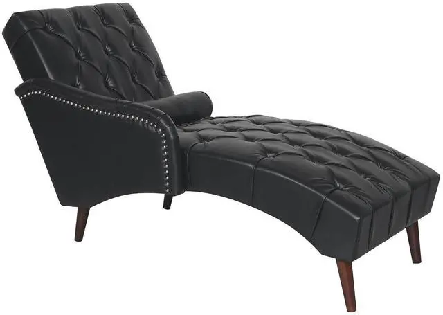 Alt view image 5 of 7 - Chaise Sofa Chair Indoor with Pillow and Solid Wood Legs, Soft PU Upholstered Armchair with Tufted Back, Leisure Couch Accent Reading Chair for Living Room, Bedroom, Black