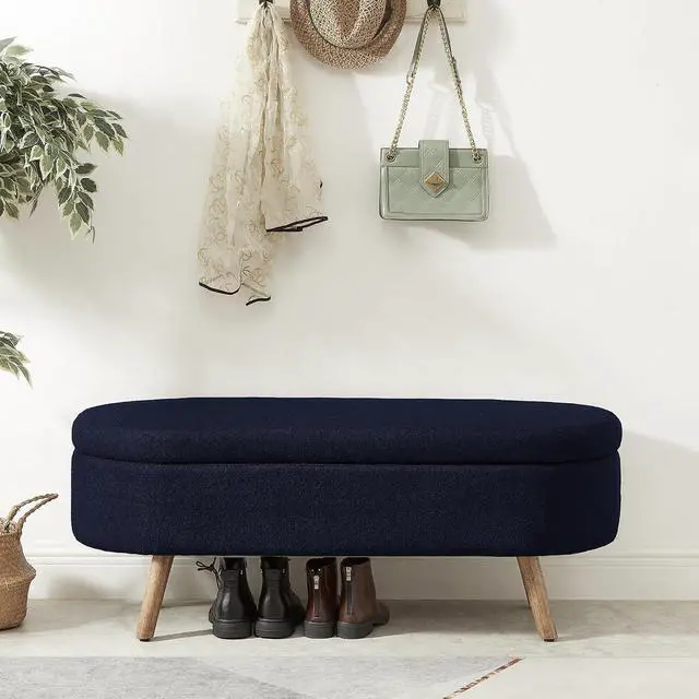 Alt view image 4 of 6 - Boucle Upholstered Storage Bench with Wood Legs, 42.25" Oval Shaped End of Bed Bench with Safety Hinge, 350lb Weight Capacity, Luxury Ottoman Foot Stool for Living Room, Bedroom Entryway, Navy Blue