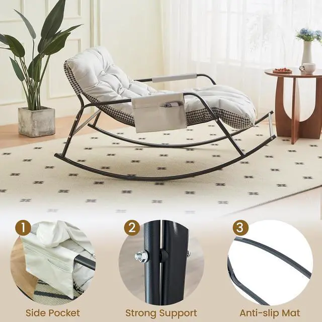 Alt view image 3 of 4 - Extra Wide Outdoor Rocking Chair, Technical Leather Upholstered Accent Chair, Large Seat Gliding Chair, Modern Reclining Chair for Living Room Nursery Bedroom, White