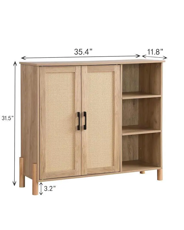 Alt view image 2 of 7 - Mid-Century Bathroom Storage Cabinet with Rattan Doors, Farmhouse Coffee Bar with Open Shelves & Adjustable Shelves, Kitchen Storage Cabinets for Living Room & Dining Room