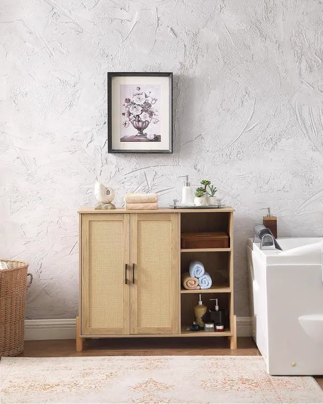 Main image of Mid-Century Bathroom Storage Cabinet with Rattan Doors, Farmhouse Coffee Bar with Open Shelves & Adjustable Shelves, Kitchen Storage Cabinets for Living Room & Dining Room
