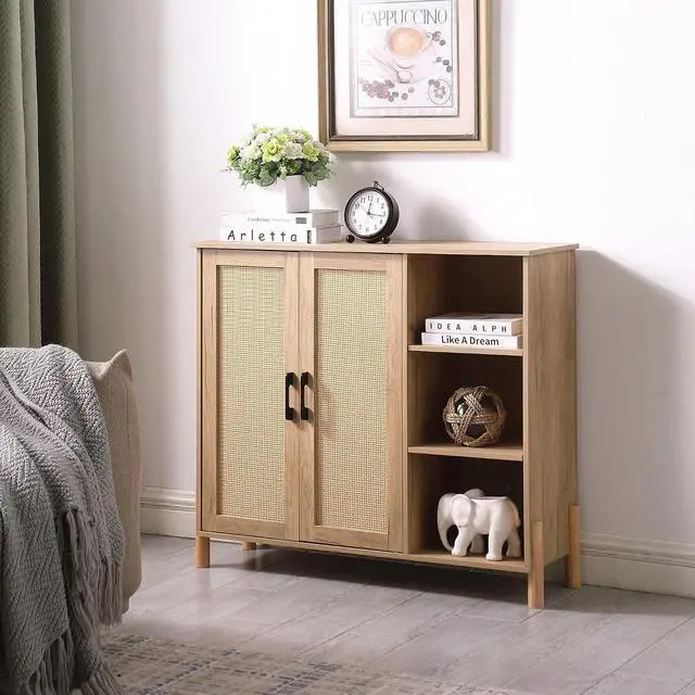 Alt view image 3 of 7 - Mid-Century Bathroom Storage Cabinet with Rattan Doors, Farmhouse Coffee Bar with Open Shelves & Adjustable Shelves, Kitchen Storage Cabinets for Living Room & Dining Room