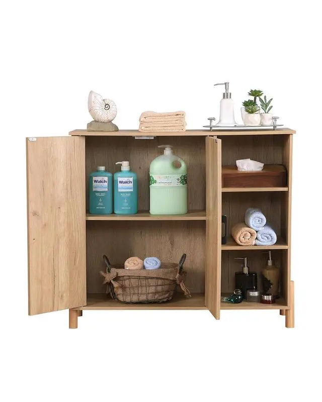 Alt view image 5 of 7 - Mid-Century Bathroom Storage Cabinet with Rattan Doors, Farmhouse Coffee Bar with Open Shelves & Adjustable Shelves, Kitchen Storage Cabinets for Living Room & Dining Room