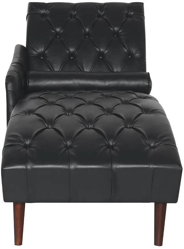 Alt view image 6 of 7 - Chaise Sofa Chair Indoor with Pillow and Solid Wood Legs, Soft PU Upholstered Armchair with Tufted Back, Leisure Couch Accent Reading Chair for Living Room, Bedroom, Black