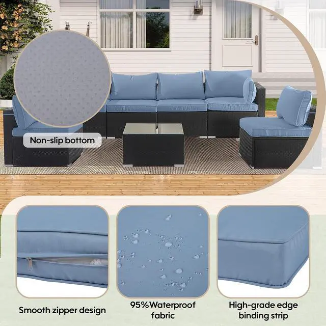 Alt view image 5 of 5 - 14 Pcs Outdoor Couch Cushion Covers Replacement, Waterproof Patio Cushion Slipcover with Zipper, fit for 7Pieces 6-Seater Wicker Rattan Sectional Couch Sofa, Seat and Back Cover Only, Blue