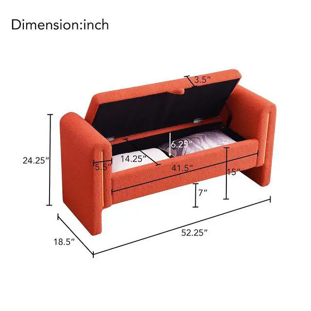 Alt view image 2 of 7 - Modern End of Bed Storage Bench, Teddy Upholstered Ottoman with Arms and Hidden Storage, 52.25" Large Footstool, Comfy Vanity Bench for Living Room,Bedroom, Dorm, Orange