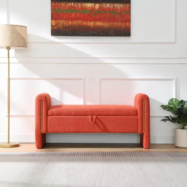 Alt view image 4 of 7 - Modern End of Bed Storage Bench, Teddy Upholstered Ottoman with Arms and Hidden Storage, 52.25" Large Footstool, Comfy Vanity Bench for Living Room,Bedroom, Dorm, Orange