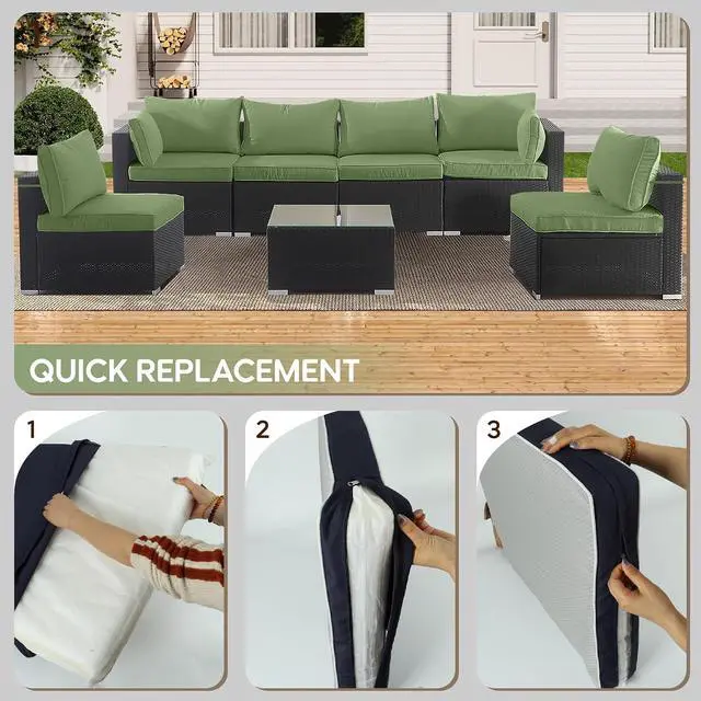 Alt view image 5 of 7 - 14 Pcs Outdoor Couch Cushion Covers Replacement, Waterproof Patio Cushion Slipcover with Zipper, fit for 7Pieces 6-Seater Wicker Rattan Sectional Couch Sofa, Seat and Back Cover Only, Olive Green