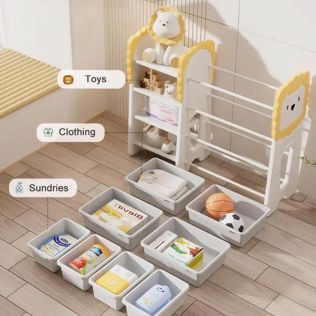 Alt view image 3 of 7 - Plastic Bookshelf and Toy Storage, 4-Tier Toy Organizers W/8 Removable Storage Bins, Toy Bin Stuffed Animal Storage for Study Room, Bedroom, Kids Room, Classroom, Nursery