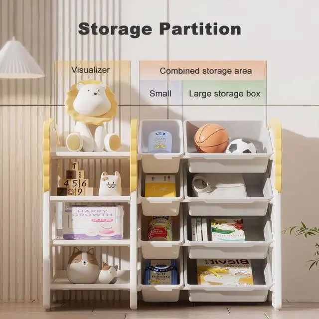 Alt view image 4 of 7 - Plastic Bookshelf and Toy Storage, 4-Tier Toy Organizers W/8 Removable Storage Bins, Toy Bin Stuffed Animal Storage for Study Room, Bedroom, Kids Room, Classroom, Nursery