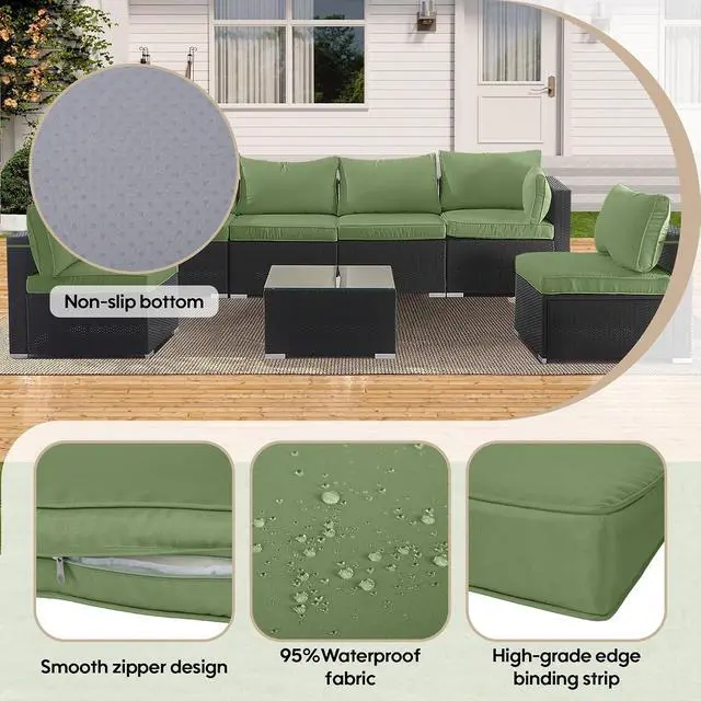 Alt view image 7 of 7 - 14 Pcs Outdoor Couch Cushion Covers Replacement, Waterproof Patio Cushion Slipcover with Zipper, fit for 7Pieces 6-Seater Wicker Rattan Sectional Couch Sofa, Seat and Back Cover Only, Olive Green