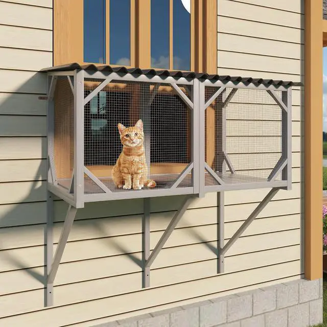 Main image of Catio Outdoor Cat Enclosure Window, 44.5" Wooden Outdoor Cat Window Perch for Indoor Cats, Large Weatherpoof Pet House Cage Condo for Outside Sunbathing, Napping & OverlookingGrey