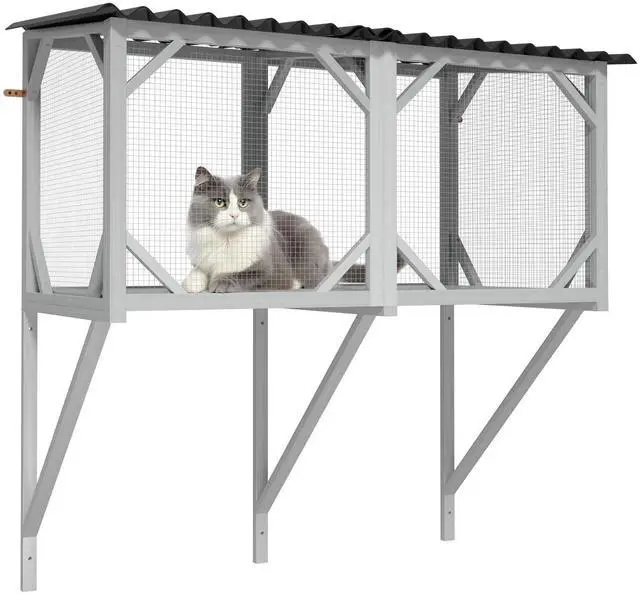 Alt view image 2 of 7 - Catio Outdoor Cat Enclosure Window, 44.5" Wooden Outdoor Cat Window Perch for Indoor Cats, Large Weatherpoof Pet House Cage Condo for Outside Sunbathing, Napping & OverlookingGrey