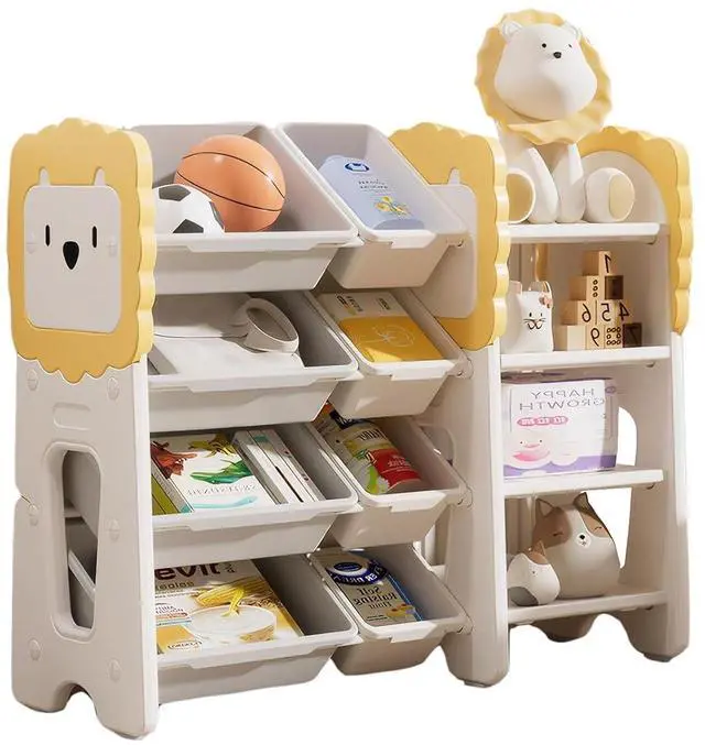 Alt view image 7 of 7 - Plastic Bookshelf and Toy Storage, 4-Tier Toy Organizers W/8 Removable Storage Bins, Toy Bin Stuffed Animal Storage for Study Room, Bedroom, Kids Room, Classroom, Nursery