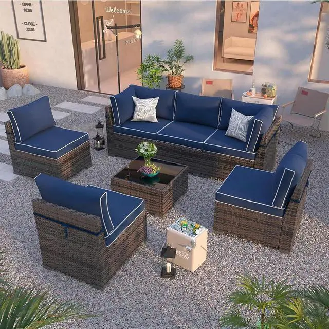 Alt view image 3 of 6 - 14 Pcs Outdoor Couch Cushion Covers Replacement, Waterproof Patio Cushion Slipcover with Zipper, fit for 7Pieces 6-Seater Wicker Rattan Sectional Couch Sofa, Seat and Back Cover Only, Navy Blue