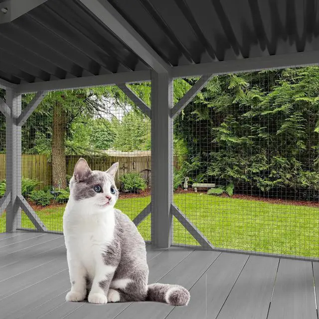 Alt view image 4 of 7 - Catio Outdoor Cat Enclosure Window, 44.5" Wooden Outdoor Cat Window Perch for Indoor Cats, Large Weatherpoof Pet House Cage Condo for Outside Sunbathing, Napping & OverlookingGrey