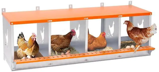 Main image of Chicken Nesting Boxes, 4 Compartments Wall Mount Chicken Laying Boxes for Hens/Ducks, Metal Nest Box, Easy Egg Collection & Assembly, Large Vented Galvanized Steel Chicken Coop Equipment, Orange