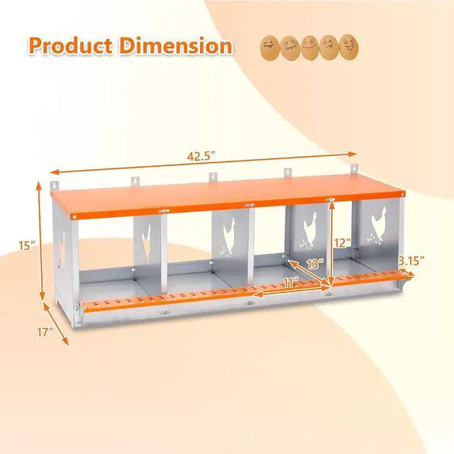 Alt view image 2 of 7 - Chicken Nesting Boxes, 4 Compartments Wall Mount Chicken Laying Boxes for Hens/Ducks, Metal Nest Box, Easy Egg Collection & Assembly, Large Vented Galvanized Steel Chicken Coop Equipment, Orange