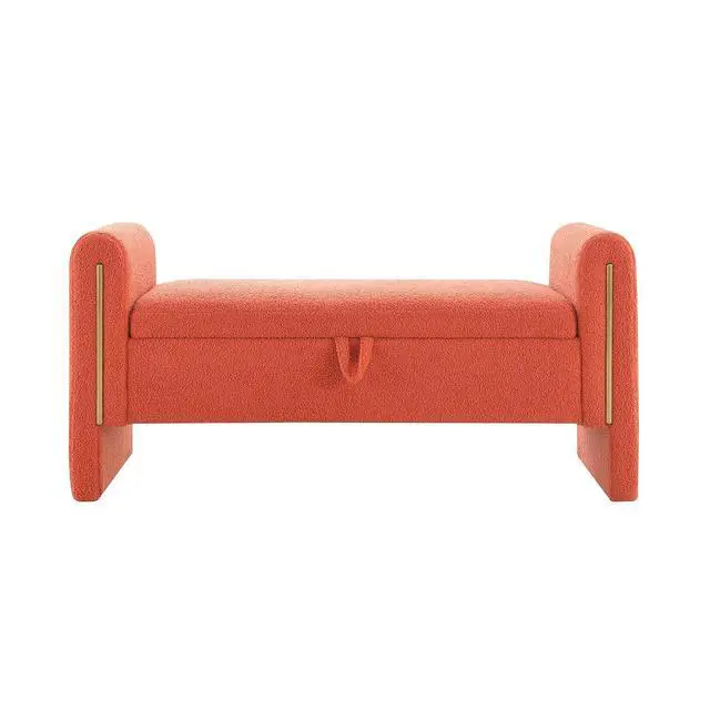 Alt view image 5 of 7 - Modern End of Bed Storage Bench, Teddy Upholstered Ottoman with Arms and Hidden Storage, 52.25" Large Footstool, Comfy Vanity Bench for Living Room,Bedroom, Dorm, Orange