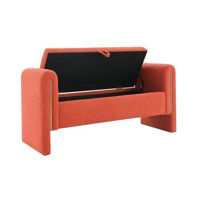 Alt view image 6 of 7 - Modern End of Bed Storage Bench, Teddy Upholstered Ottoman with Arms and Hidden Storage, 52.25" Large Footstool, Comfy Vanity Bench for Living Room,Bedroom, Dorm, Orange